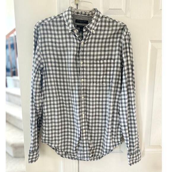 Banana Republic Camden Grey White Gingham Plaid Linen Long Sleeve Shirt - Picture 1 of 6